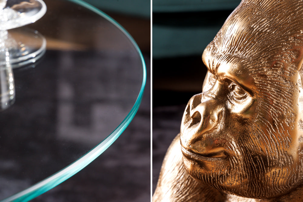Table basse ronde WILDLIFE KONG 60cm métal doré verre singe figure gorille sculpture fait main