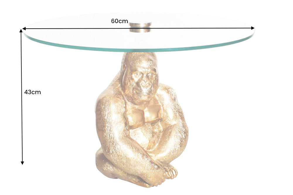 Table basse ronde WILDLIFE KONG 60cm métal doré verre singe figure gorille sculpture fait main