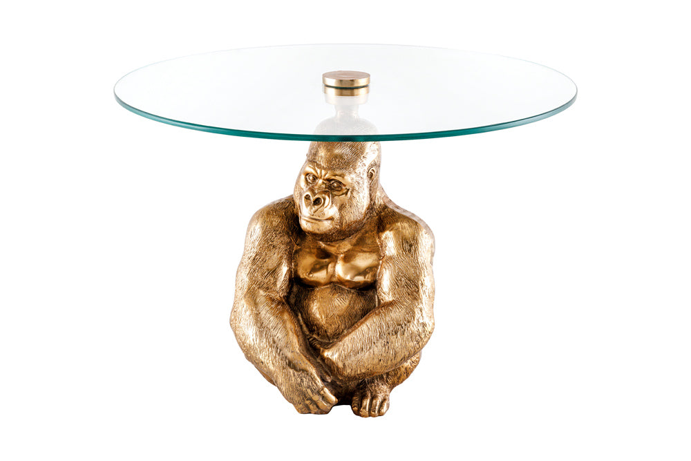 Table basse ronde WILDLIFE KONG 60cm métal doré verre singe figure gorille sculpture fait main