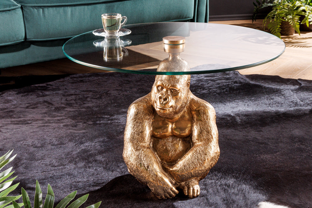 Table basse ronde WILDLIFE KONG 60cm métal doré verre singe figure gorille sculpture fait main