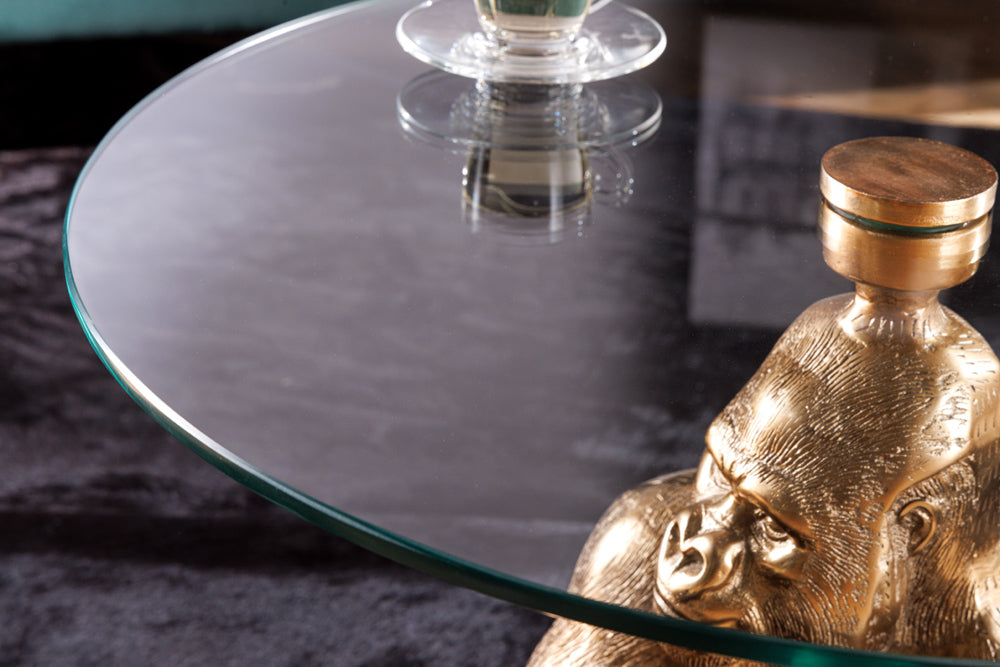 Table basse ronde WILDLIFE KONG 60cm métal doré verre singe figure gorille sculpture fait main
