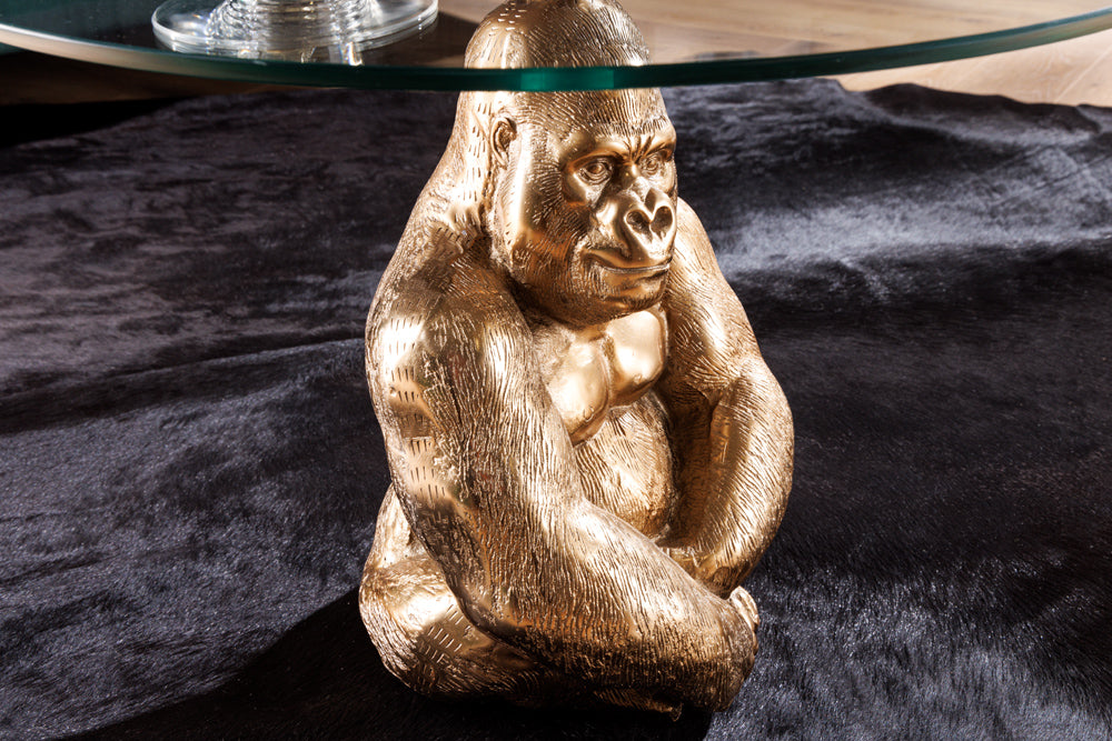 Table basse ronde WILDLIFE KONG 60cm métal doré verre singe figure gorille sculpture fait main