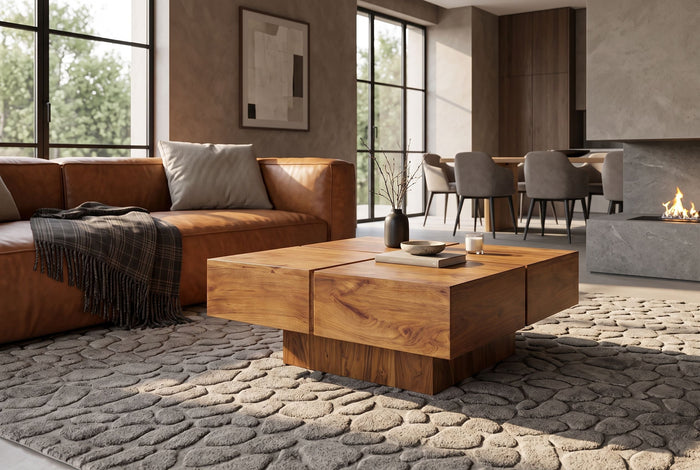 Table basse solide BOLT 70cm en manguier marron finition miel fait main