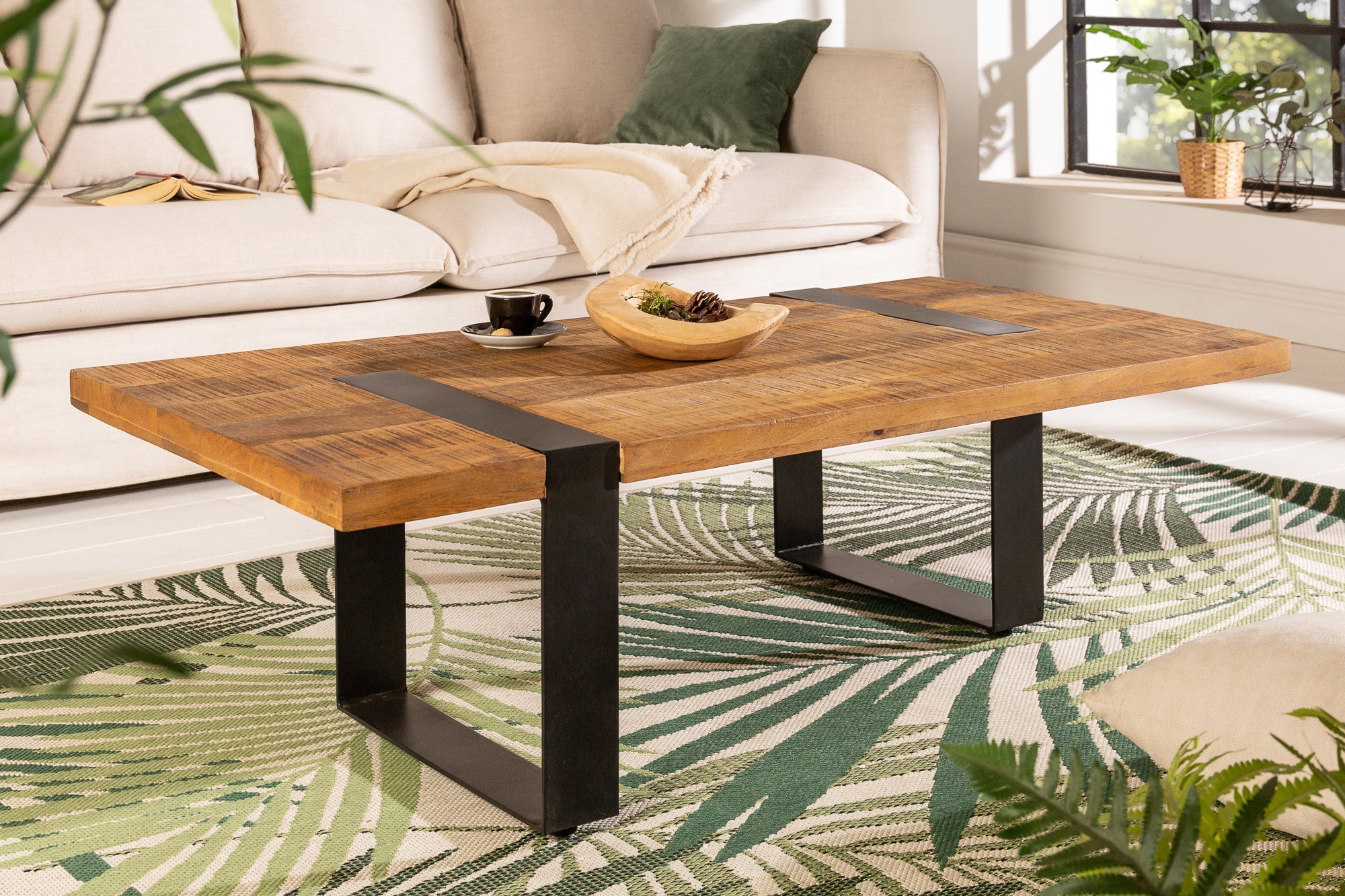 Mesa de centro maciza IRON CRAFT 100cm madera de mango natural marrón metal negro