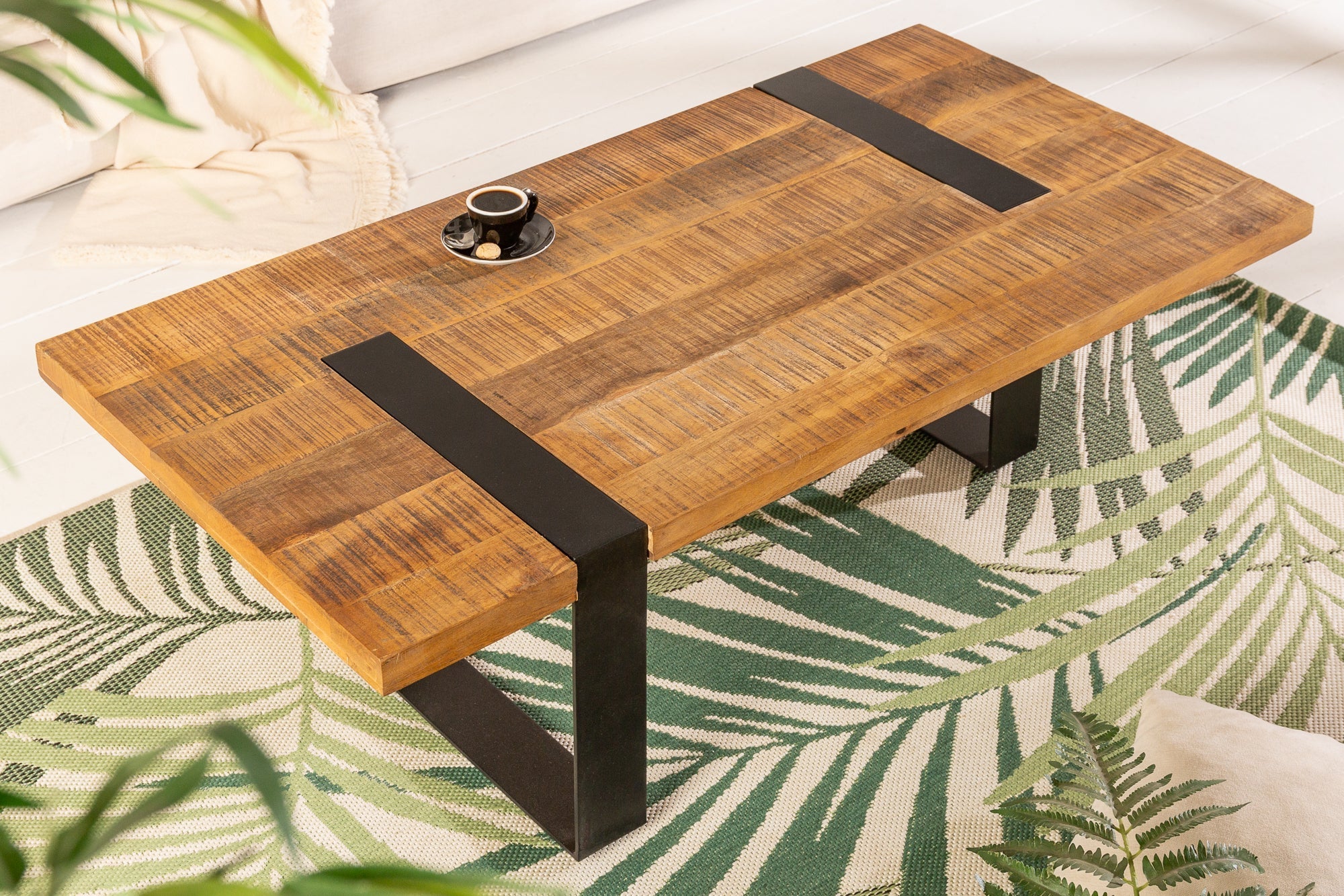 Mesa de centro maciza IRON CRAFT 100cm madera de mango natural marrón metal negro