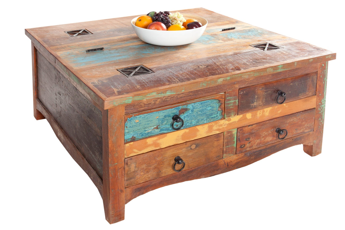 Table basse solide JAKARTA 70cm coffre coloré en bois de bateaux de pêche recyclé avec tiroirs
