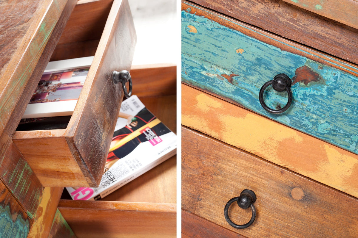Table basse solide JAKARTA 70cm coffre coloré en bois de bateaux de pêche recyclé avec tiroirs