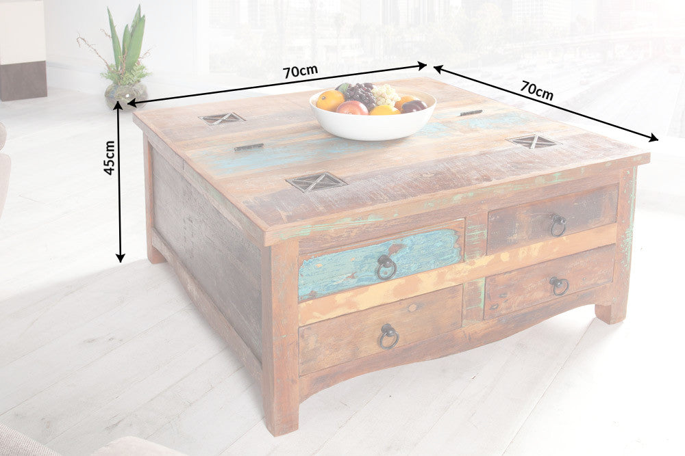 Table basse solide JAKARTA 70cm coffre coloré en bois de bateaux de pêche recyclé avec tiroirs