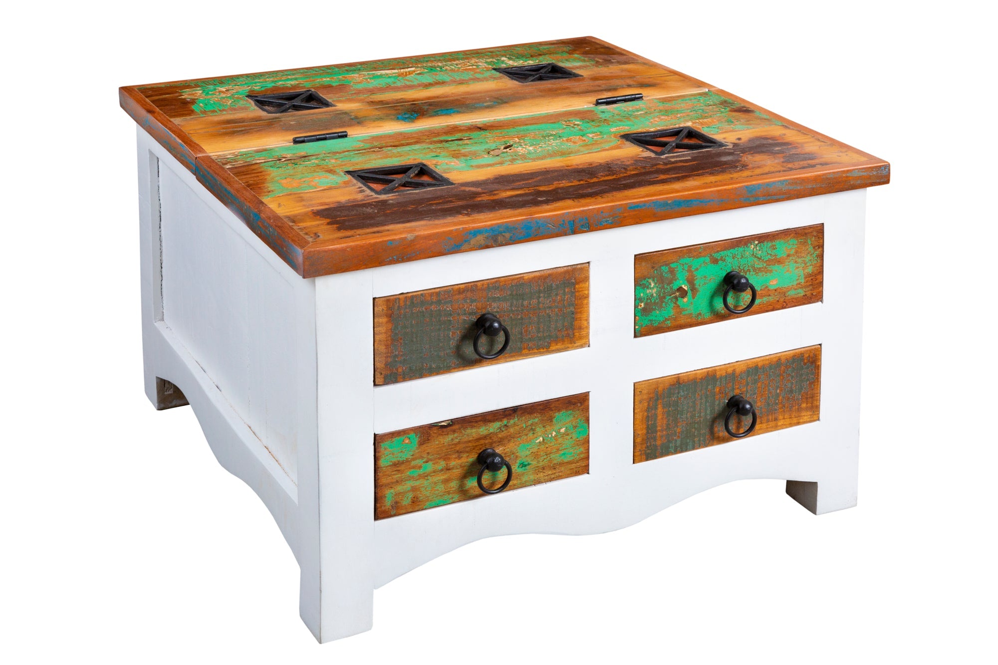 Table basse solide JAKARTA 70cm coffre en bois coloré blanc fabriqué à partir de bateaux de pêche recyclés avec tiroirs