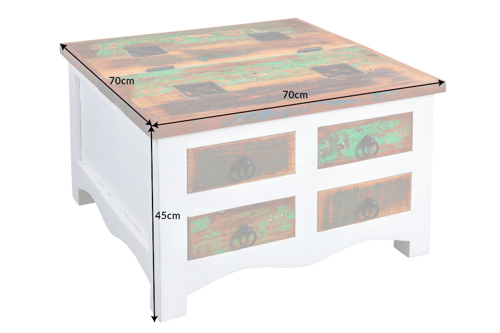 Table basse solide JAKARTA 70cm coffre en bois coloré blanc fabriqué à partir de bateaux de pêche recyclés avec tiroirs