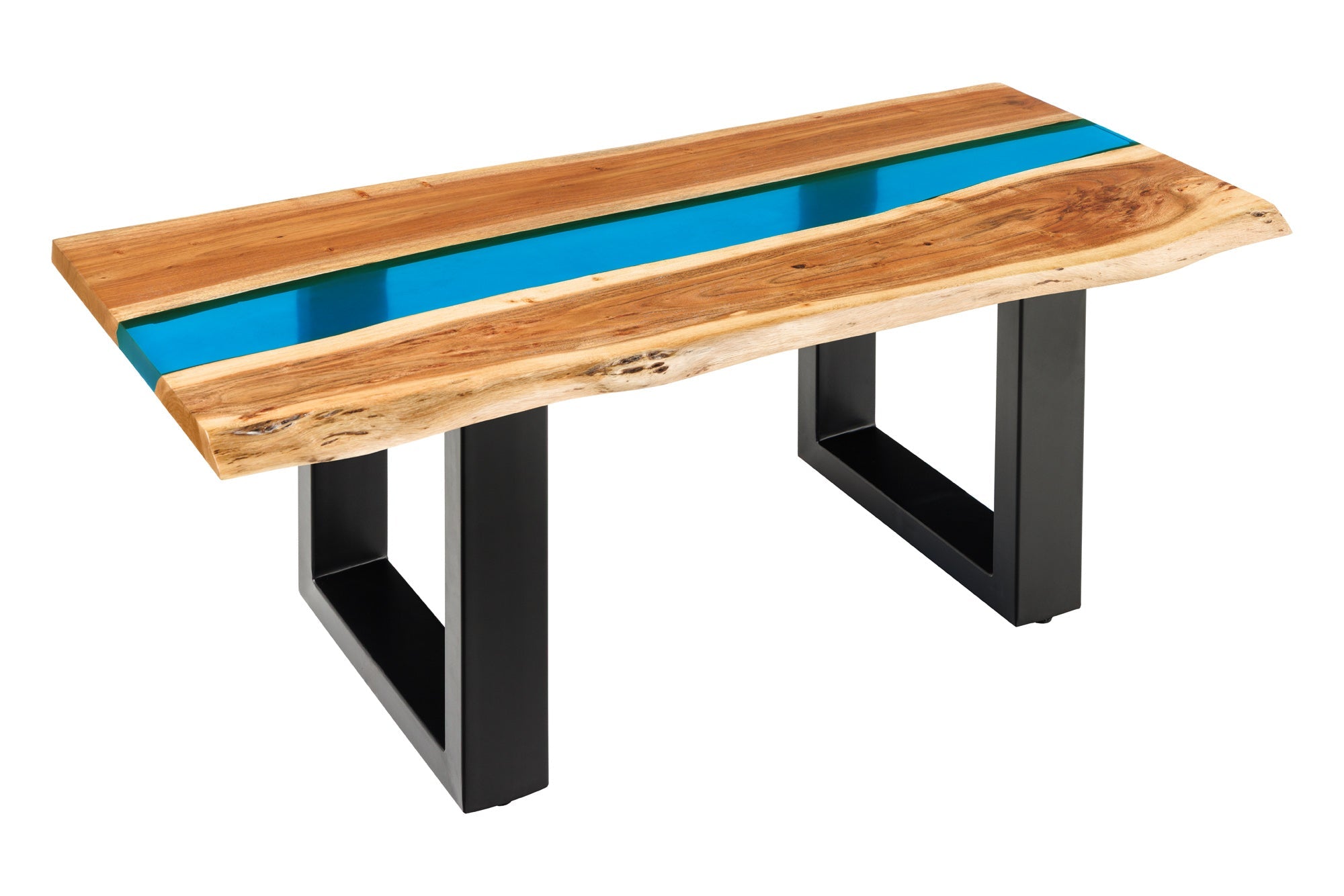 Table basse solide LIQUID 110cm marron bois d’acacia bord d’arbre noir fer bleu