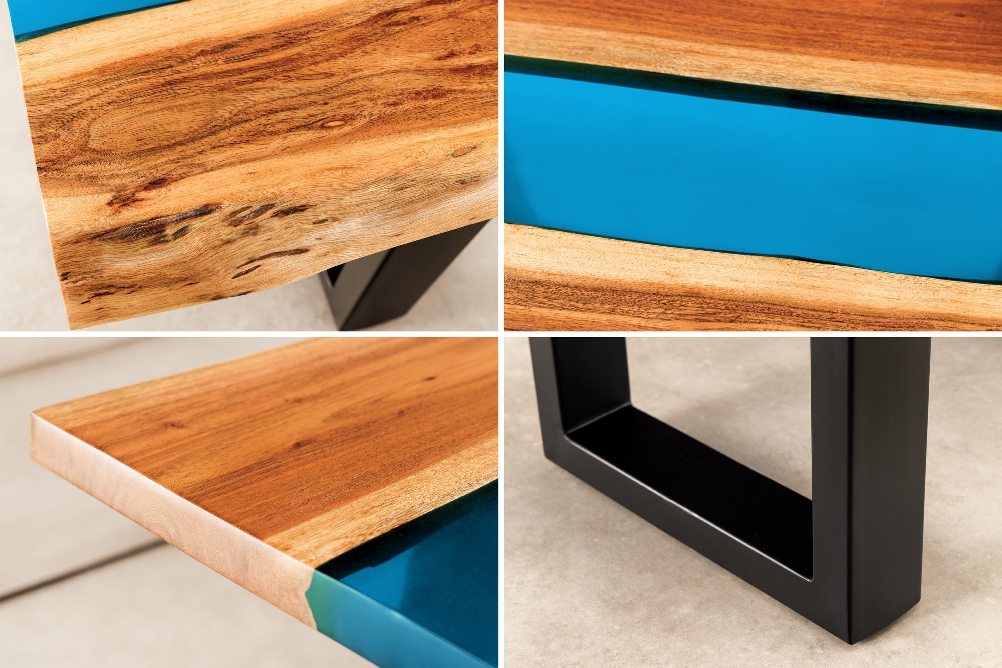 Table basse solide LIQUID 110cm marron bois d’acacia bord d’arbre noir fer bleu