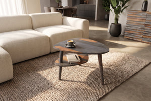 Table basse solide ORGANIC LIVING 55cm finition gris fumé en bois de Sesham deux niveaux