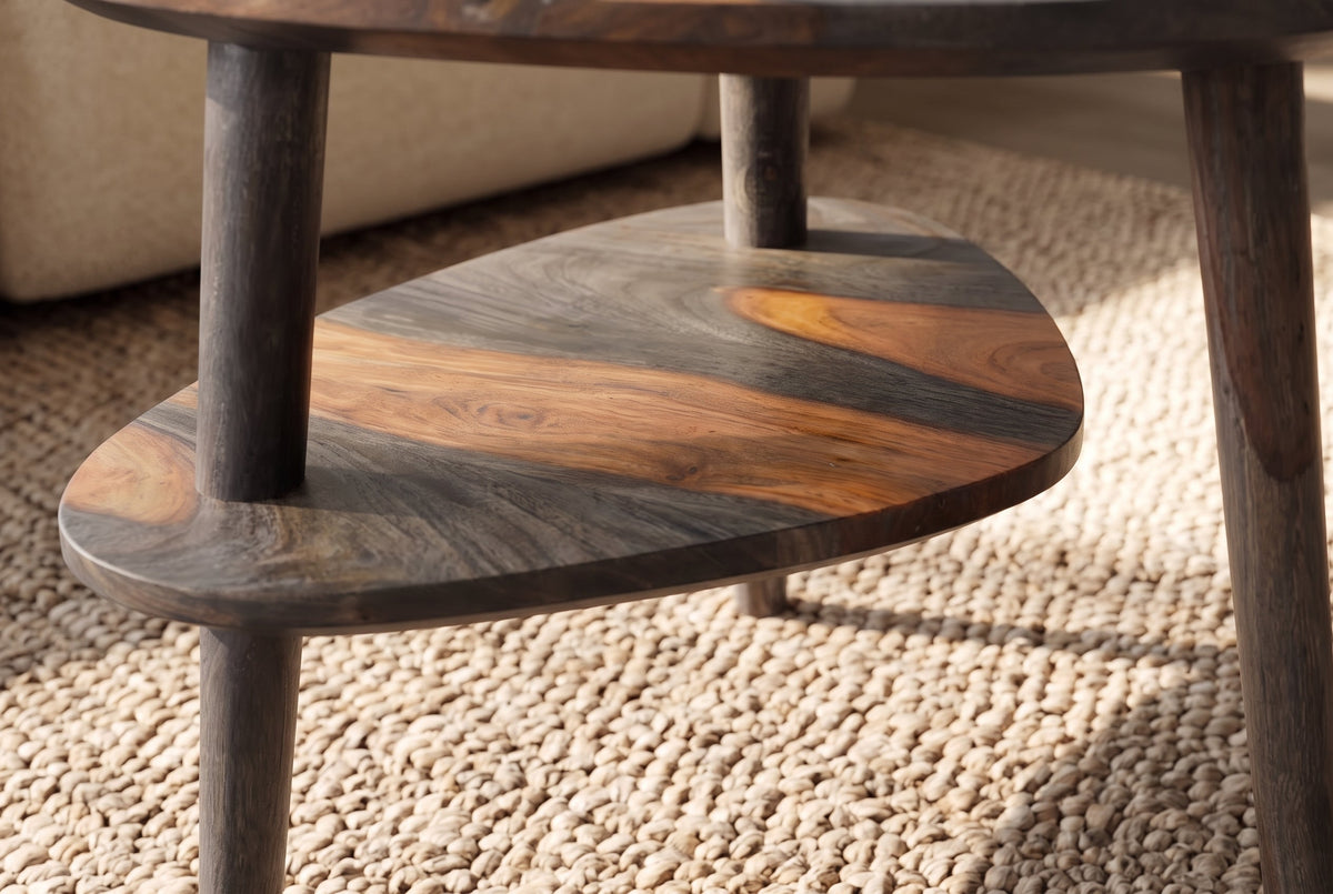 Table basse solide ORGANIC LIVING 55cm finition gris fumé en bois de Sesham deux niveaux