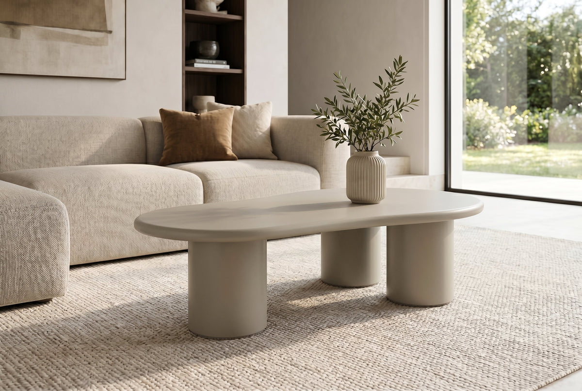 Table basse stylée ORGANIKO 130cm ciment grège forme organique