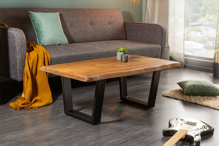 Table basse tronc d'arbre en bois massif MAMMUT 110cm acacia structure métal noir plateau 3,5cm