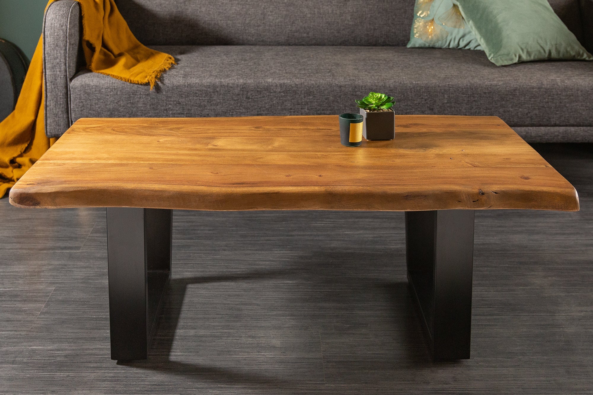 MAMMUT mesa de centro tronco de árbol de madera maciza 110cm acacia negro estructura metálica tapa 3.5cm