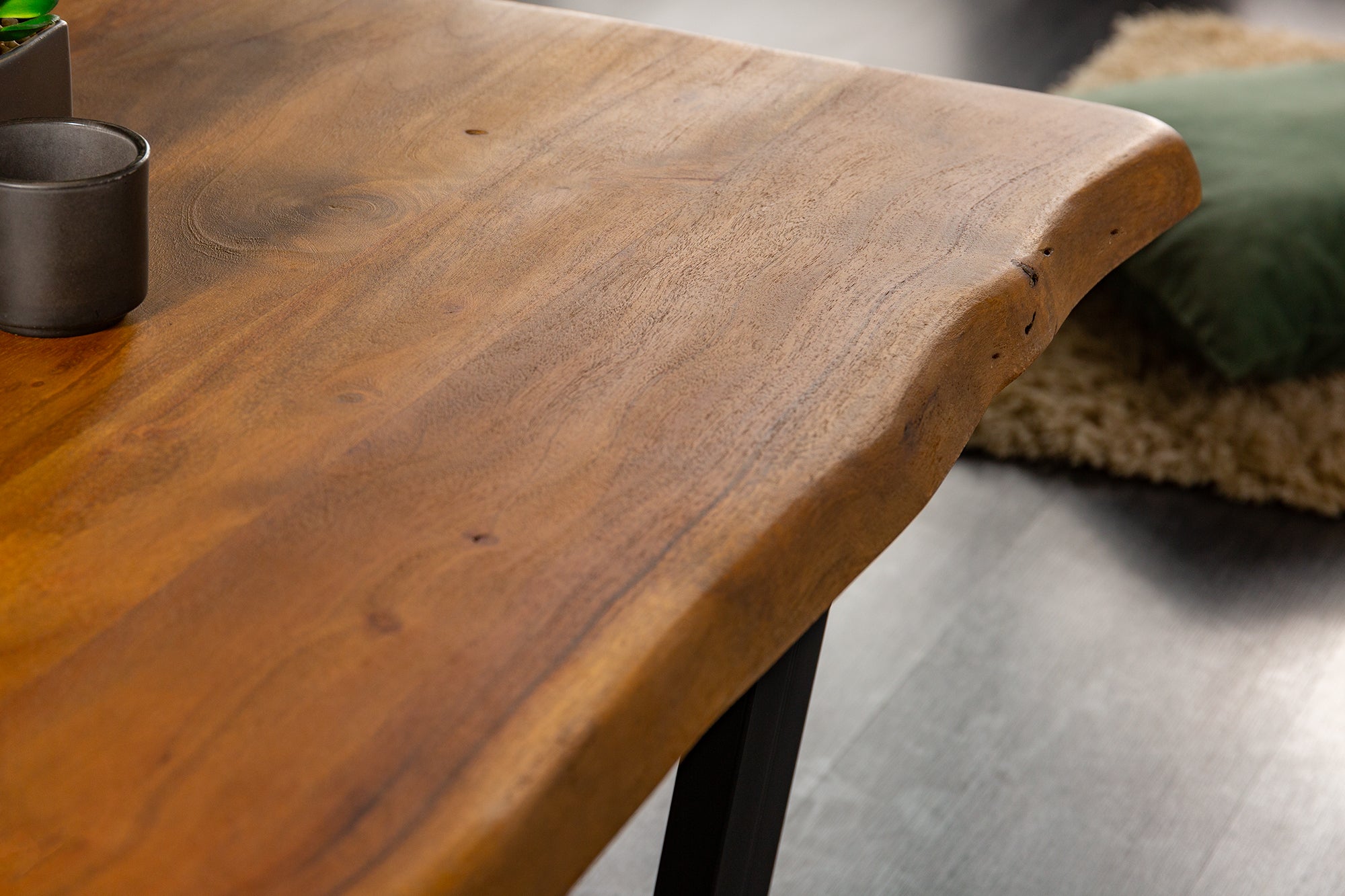 MAMMUT mesa de centro tronco de árbol de madera maciza 110cm acacia negro estructura metálica tapa 3.5cm