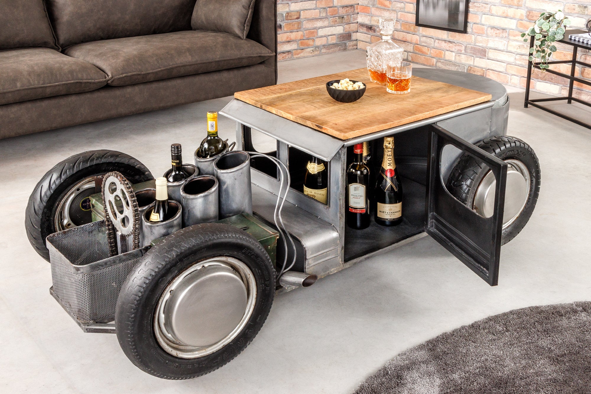Mesa de centro vintage HOT ROD 160cm acero madera de mango con portabotellas macizo espacio de almacenamiento