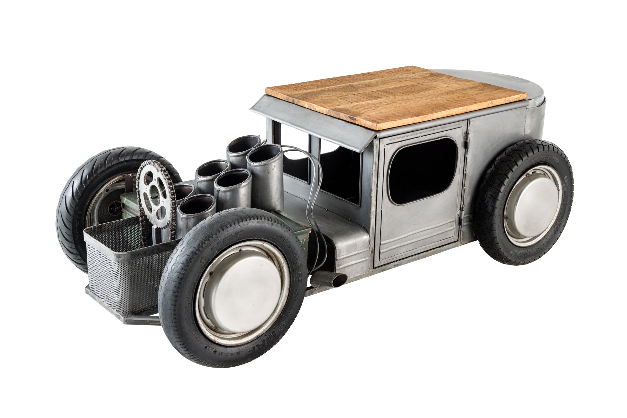 Mesa de centro vintage HOT ROD 160cm acero madera de mango con portabotellas macizo espacio de almacenamiento