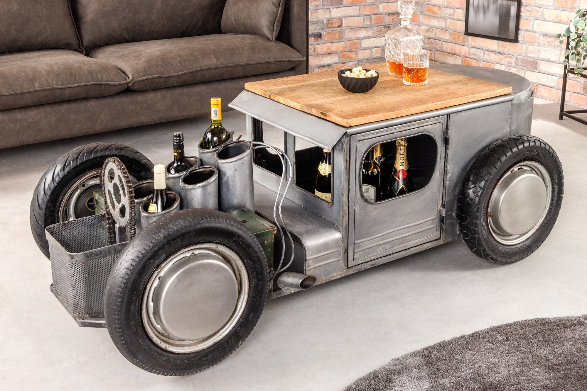 Mesa de centro vintage HOT ROD 160cm acero madera de mango con portabotellas macizo espacio de almacenamiento