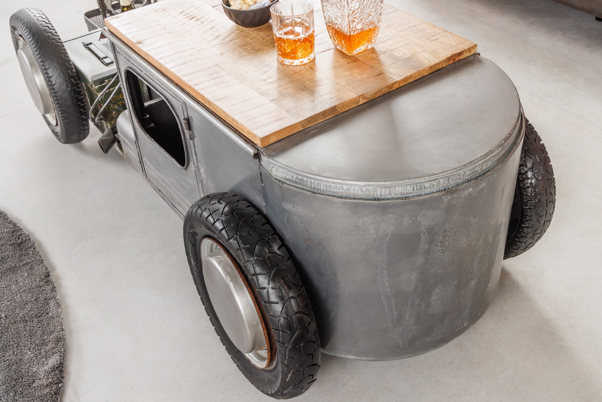 Mesa de centro vintage HOT ROD 160cm acero madera de mango con portabotellas macizo espacio de almacenamiento