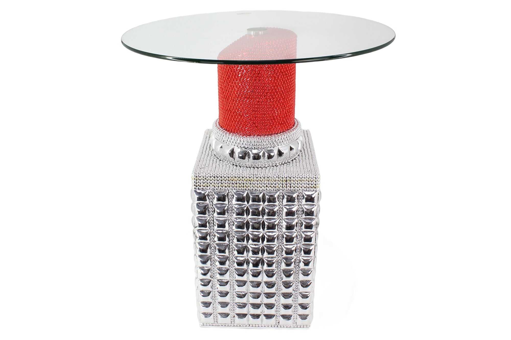 Table bistrot faite main LIPSTICK 75cm plateau rond rouge argent verre