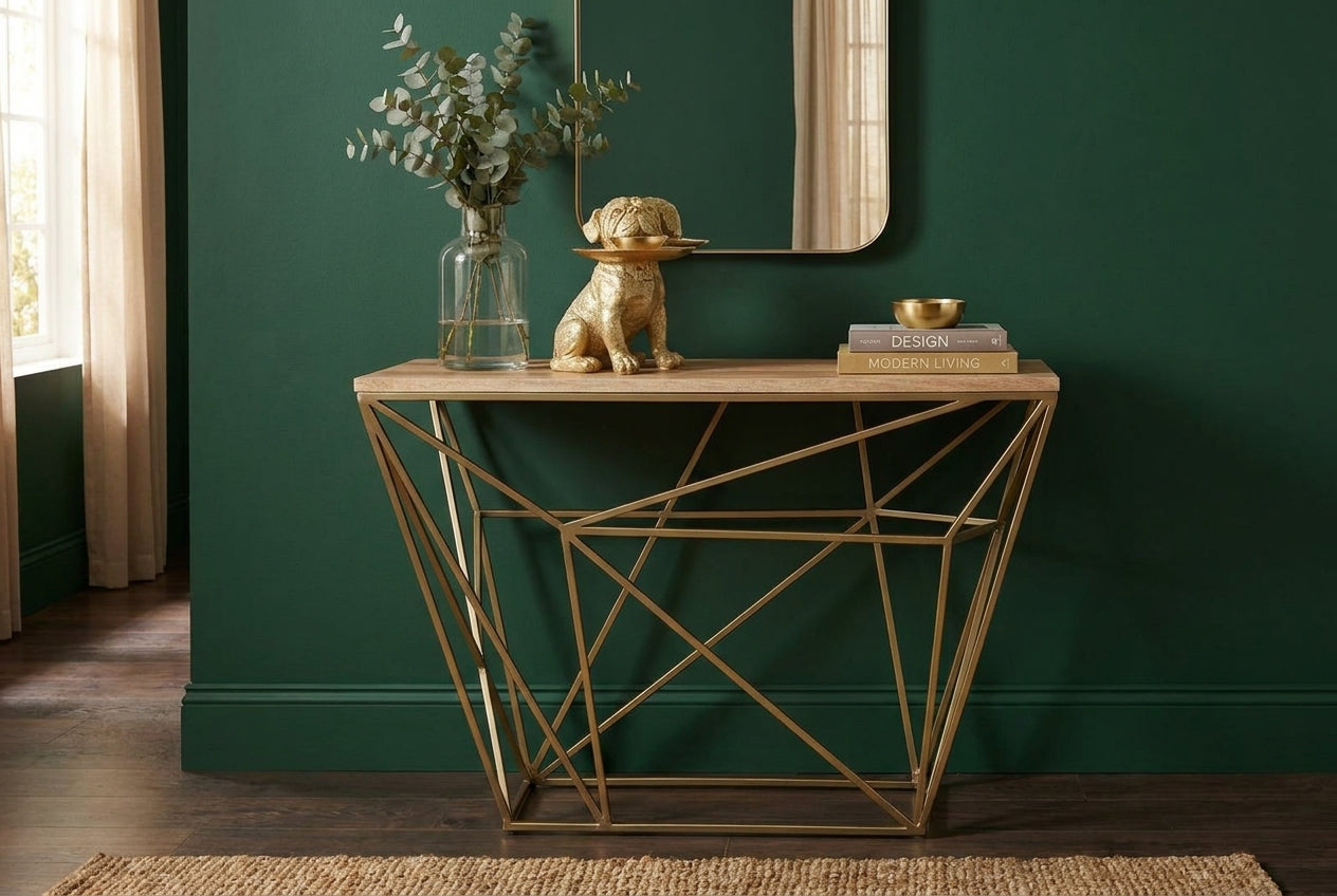 Table console abstraite DIAMOND 120cm laiton naturel structure métal bois de manguier