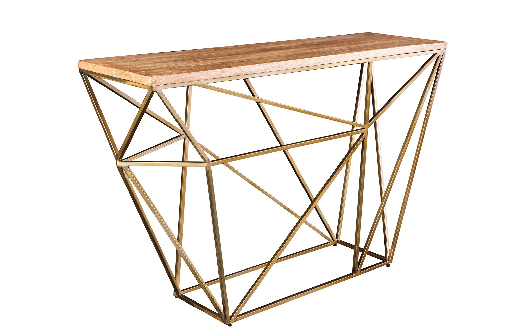 Table console abstraite DIAMOND 120cm laiton naturel structure métal bois de manguier