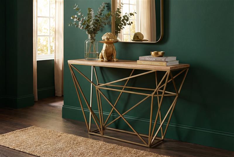 Table console abstraite DIAMOND 120cm laiton naturel structure métal bois de manguier