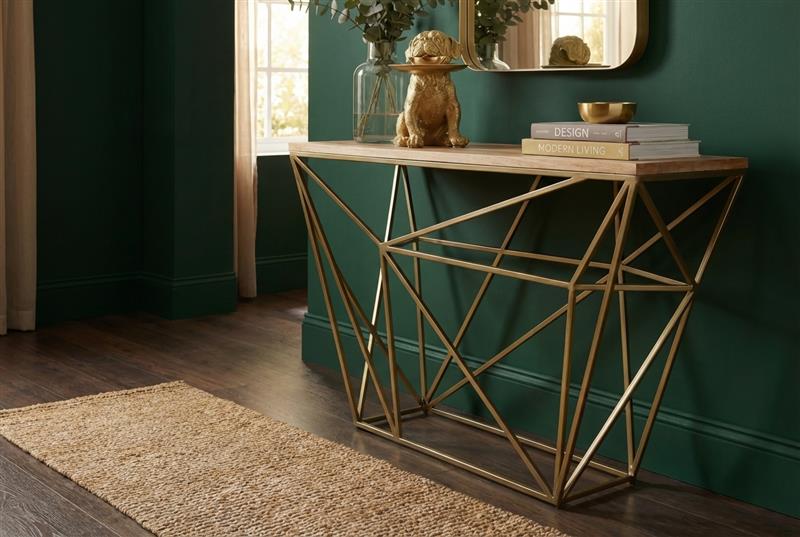 Table console abstraite DIAMOND 120cm laiton naturel structure métal bois de manguier
