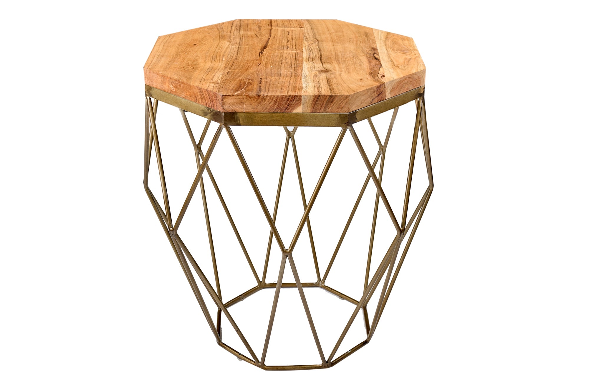 DIAMOND mesa auxiliar abstracta 50cm madera maciza de acacia natural estructura de metal latón
