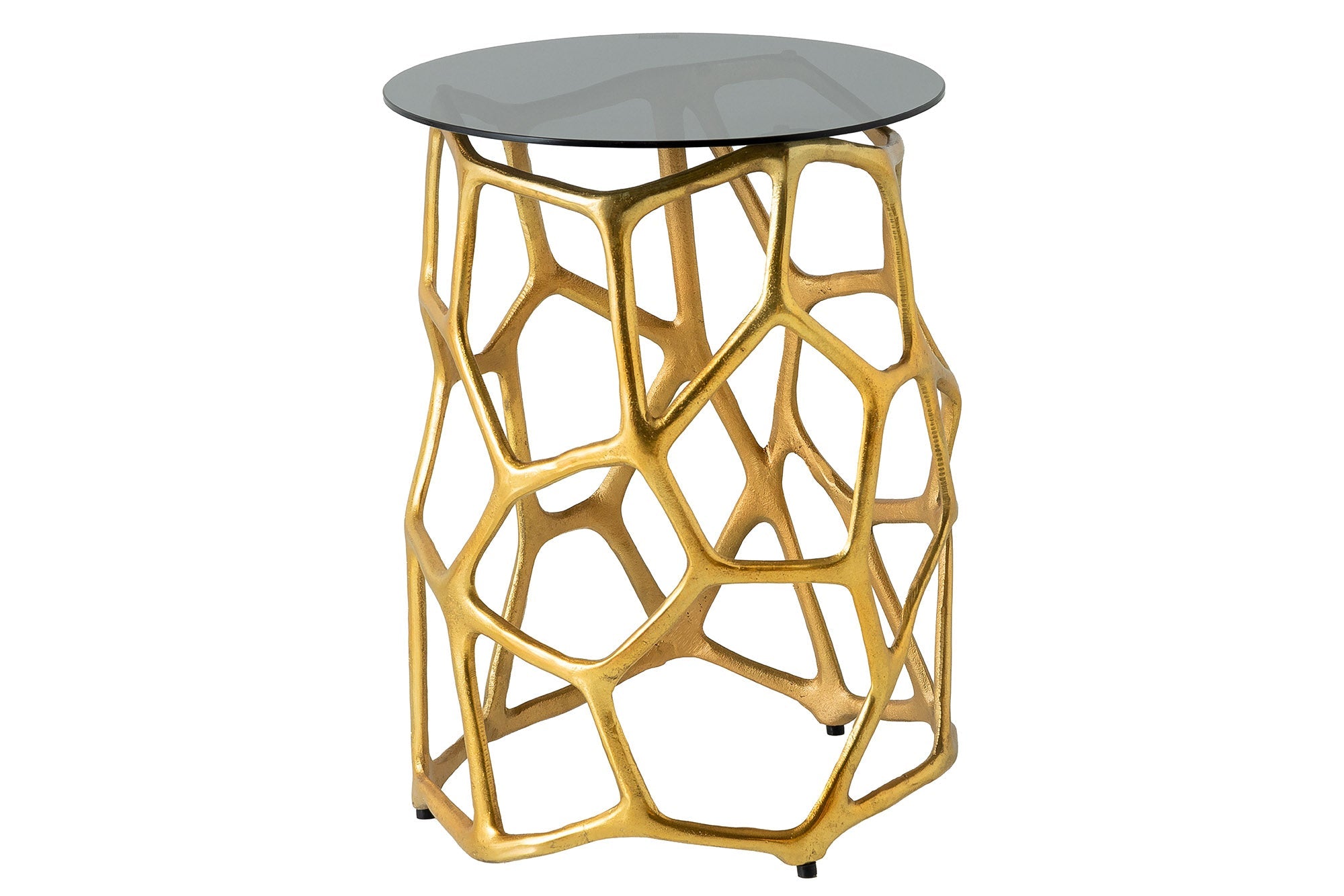 GEOMETRIA LIQUIDA mesa auxiliar artesanal 50cm metal dorado redonda cristal negro
