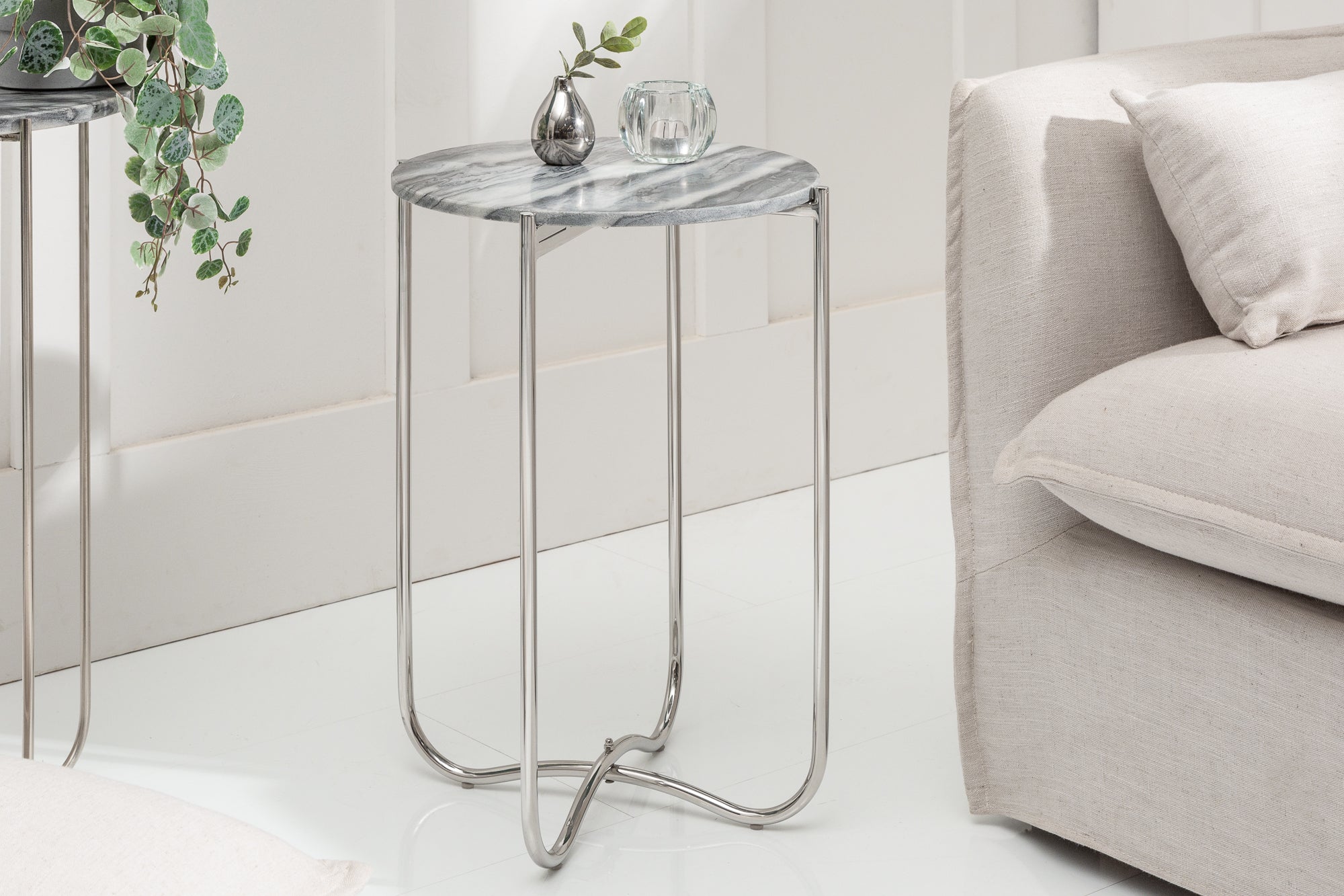 NOBLE I mesa auxiliar hecha a mano 40cm mármol gris tapa redonda plegable extraíble