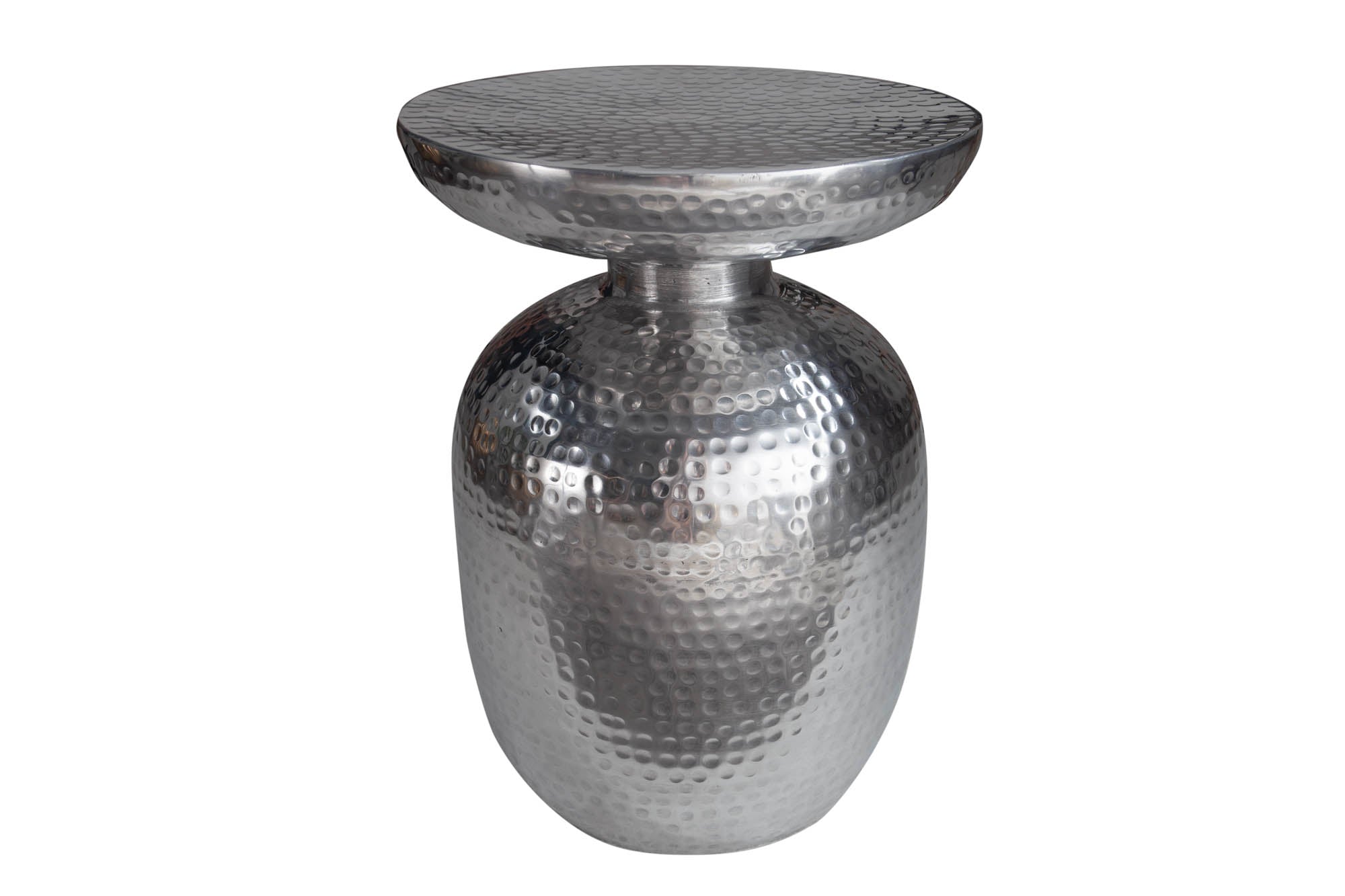 ORIENT Mesa auxiliar artesanal de 50 cm en metal plateado martillado, diseño redondo