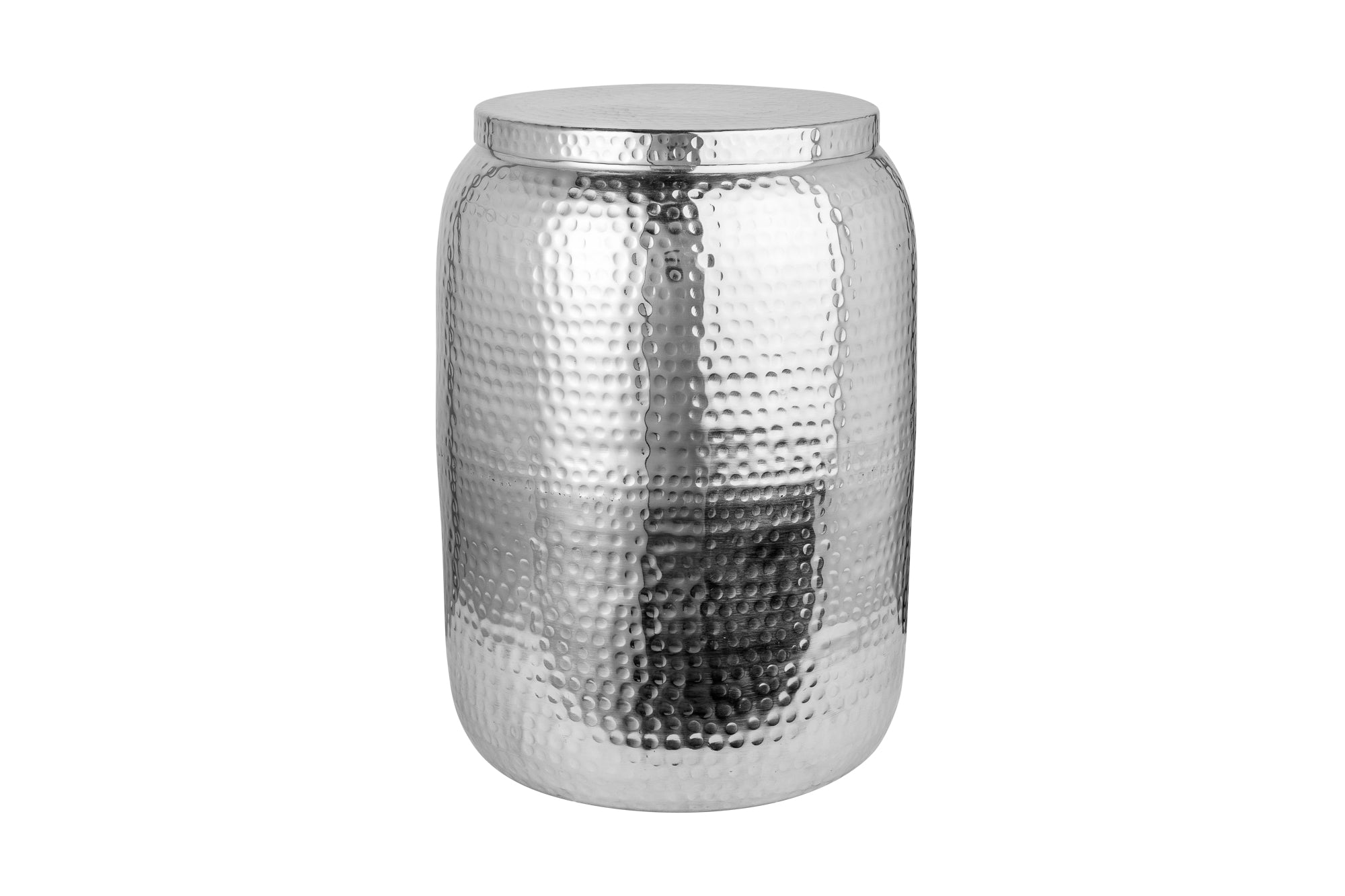 ORIENT STORAGE mesa auxiliar artesanal 50cm diseño martillado plateado con espacio de almacenaje redondo