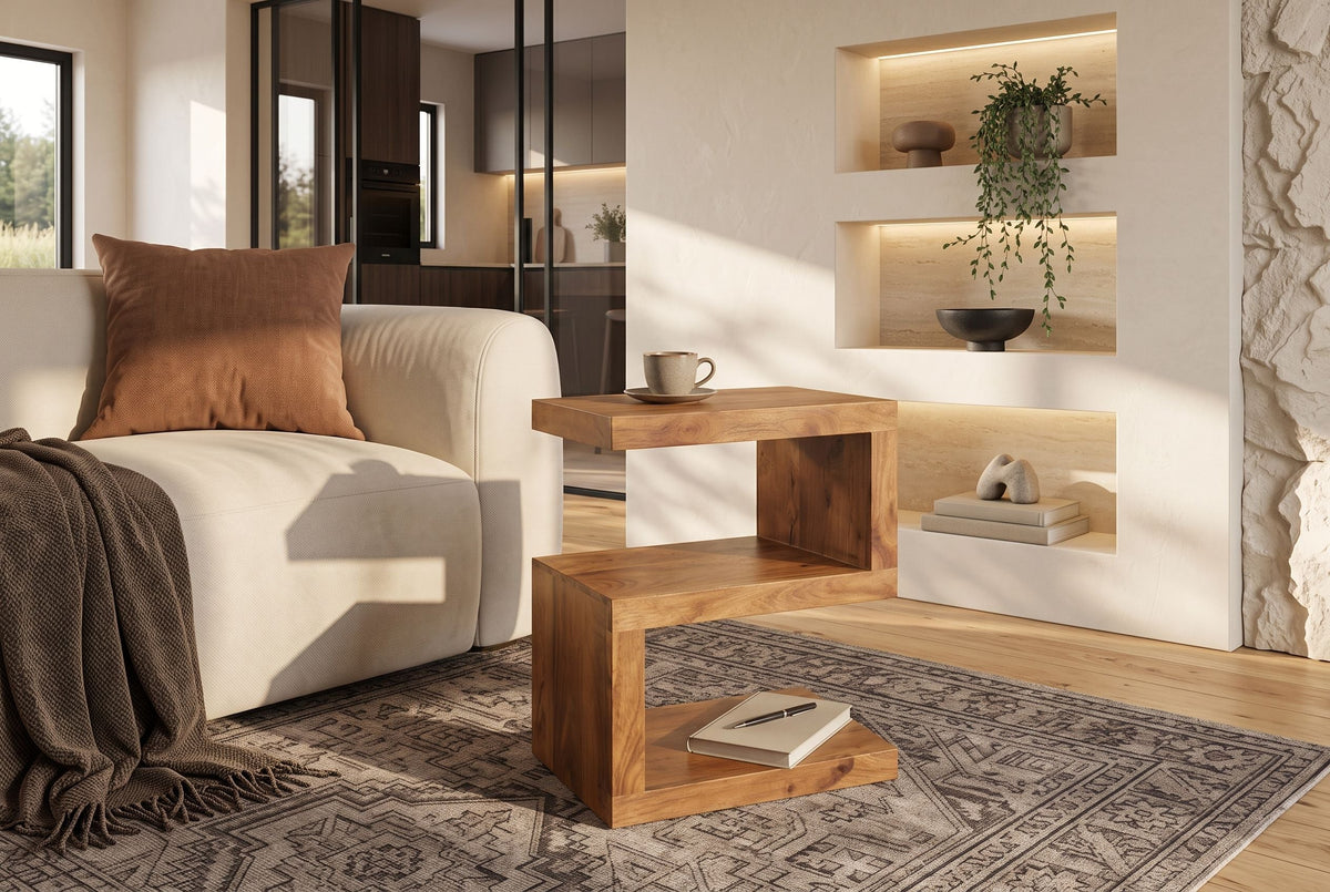 Table d’appoint artisanale S 60cm en bois de manguier finition miel marron avec étagère réglable
