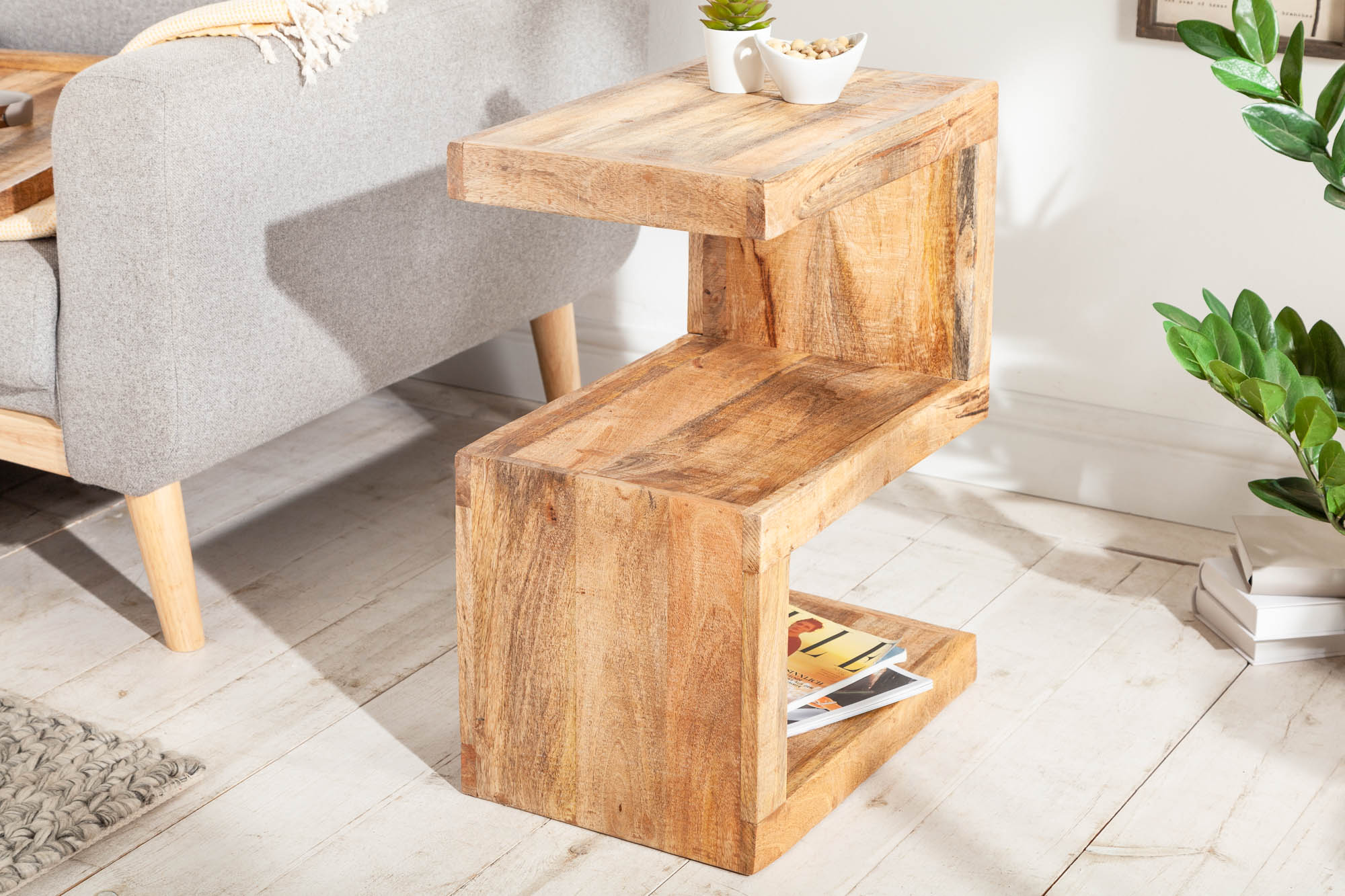 S Mesa auxiliar artesanal de 60 cm de madera maciza de mango con estante ajustable