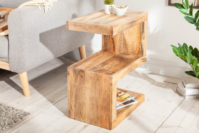 Table d'appoint artisanale S 60cm en bois de manguier massif avec étagère réglable