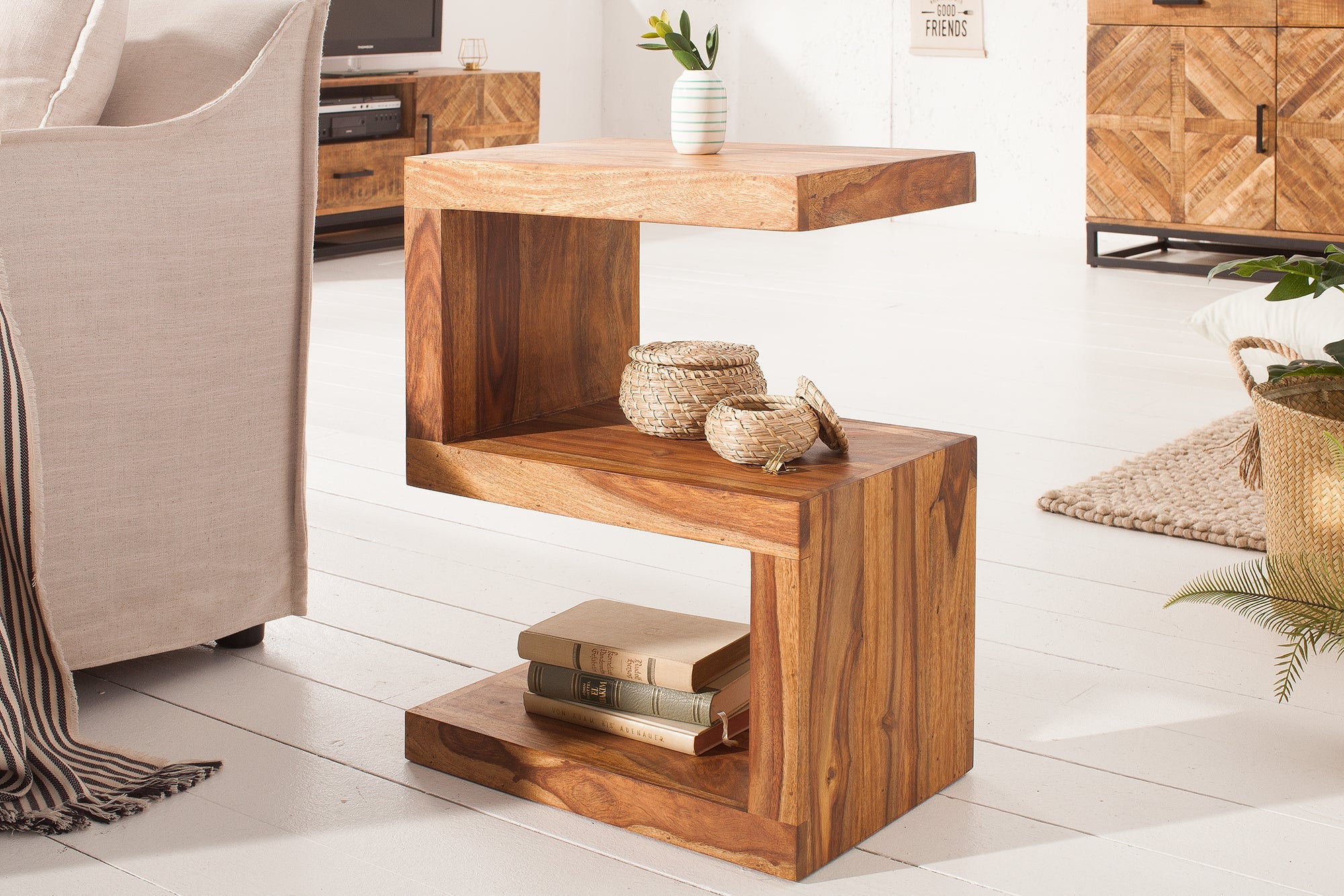 Mesa auxiliar de madera maciza de Sheesham S 60cm estante acabado piedra marrón