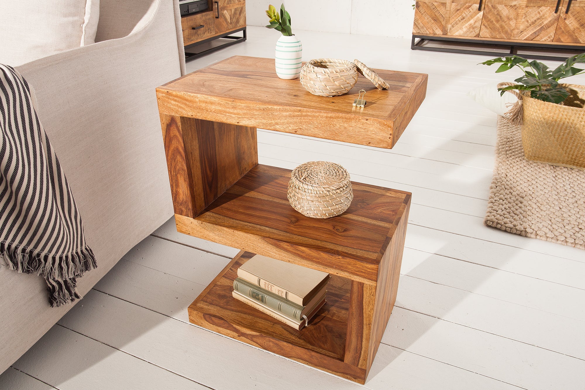 Mesa auxiliar de madera maciza de Sheesham S 60cm estante acabado piedra marrón