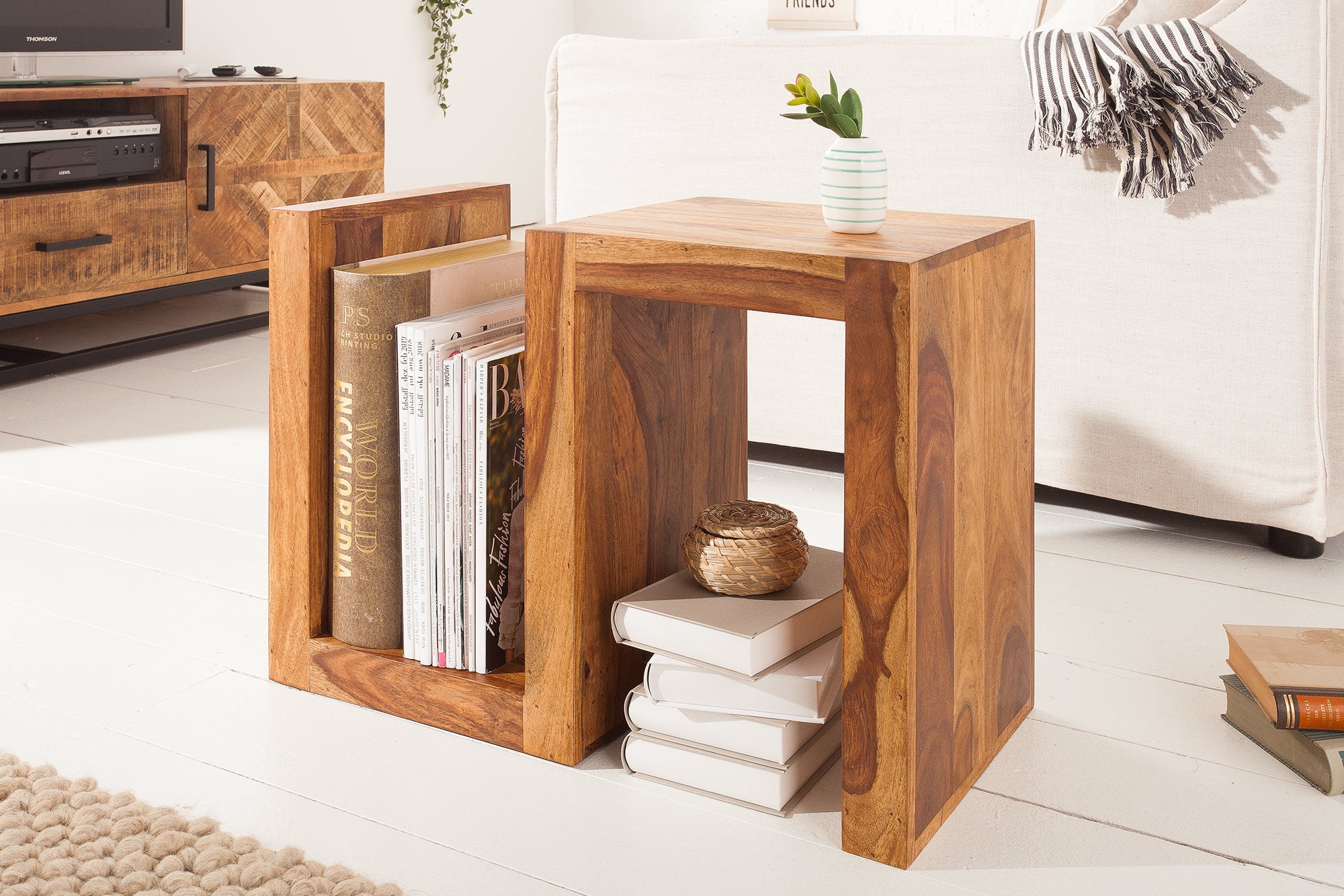 Mesa auxiliar de madera maciza de Sheesham S 60cm estante acabado piedra marrón