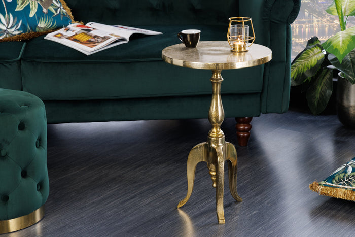 Table d'appoint baroque SAVOY 55cm métal doré trépied ronde vintage