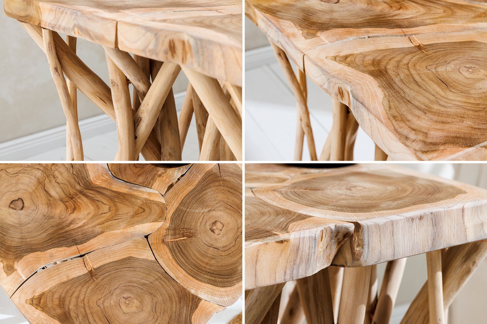 DRIFTWOOD Mesa auxiliar cuadrada de 60 cm de madera maciza de teca natural con diseño de zancos