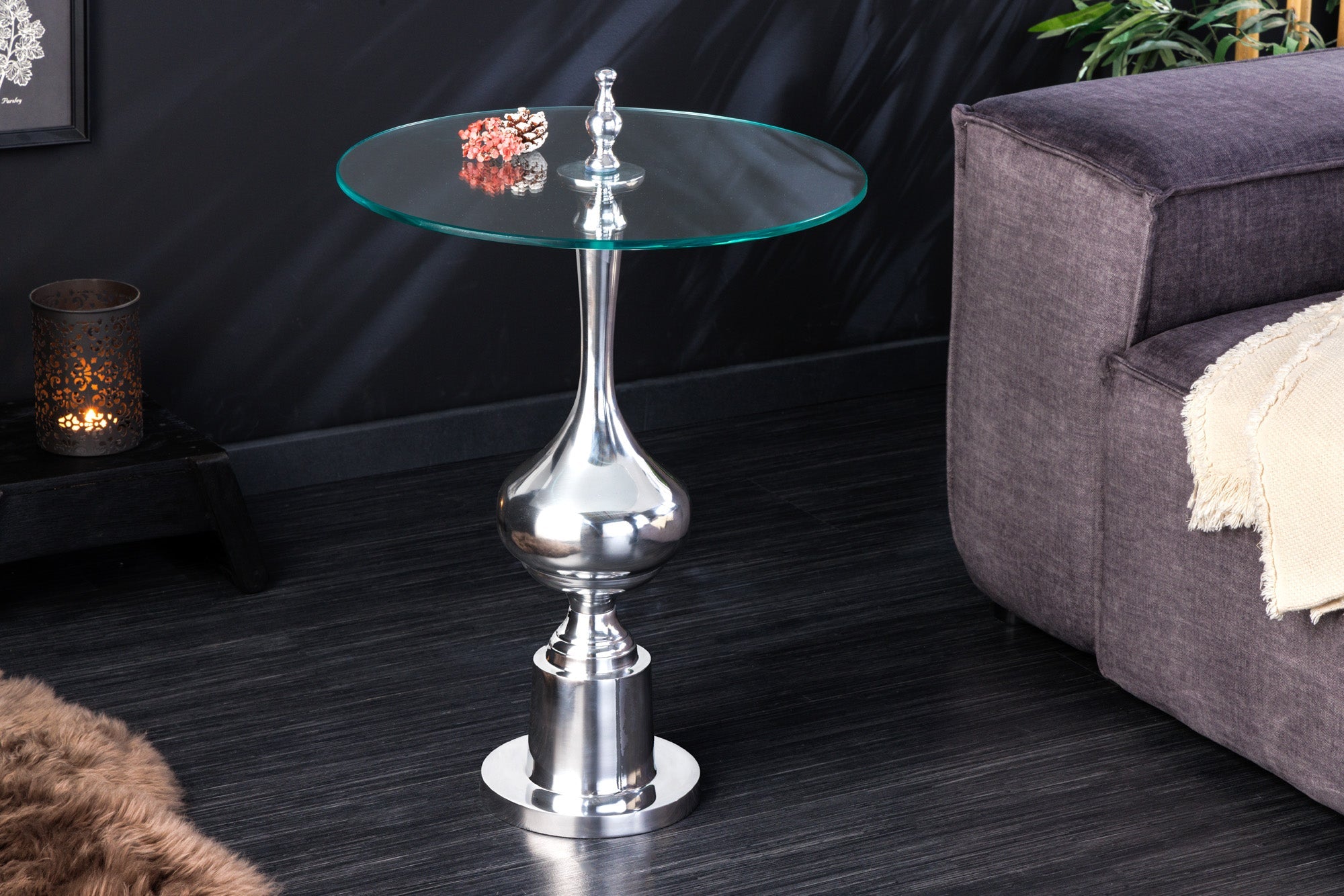 Mesa auxiliar de diseño ABSTRACT 45cm metal plateado cromado tapa redonda de cristal hecha a mano