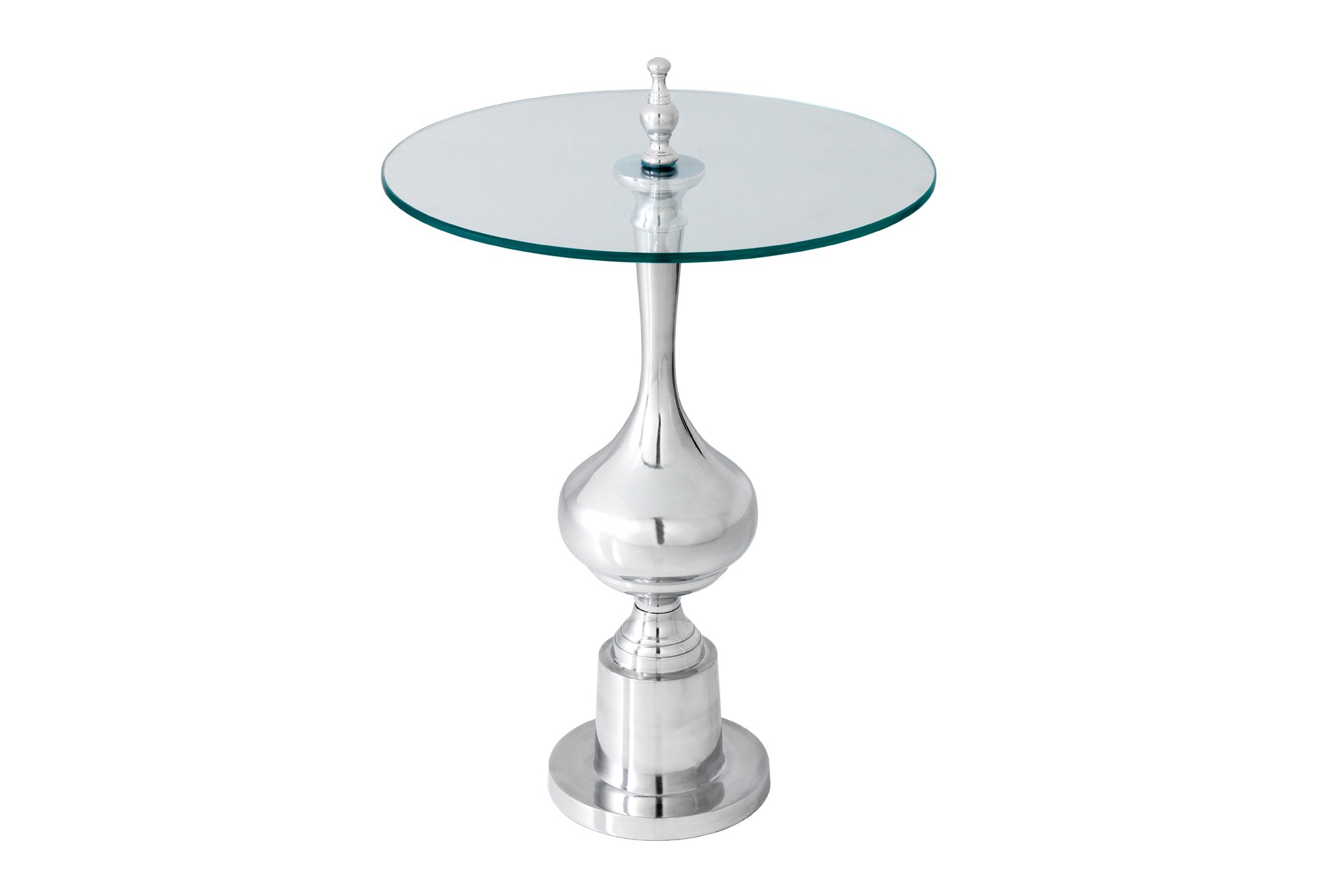 Mesa auxiliar de diseño ABSTRACT 45cm metal plateado cromado tapa redonda de cristal hecha a mano