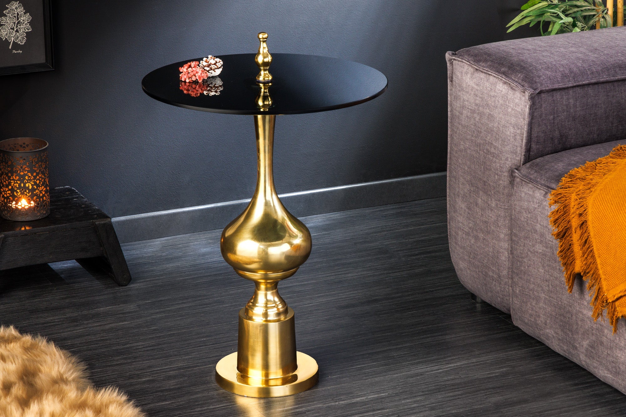 ABSTRACT mesa auxiliar de diseño 45cm metal dorado negro tapa de cristal hecho a mano redonda