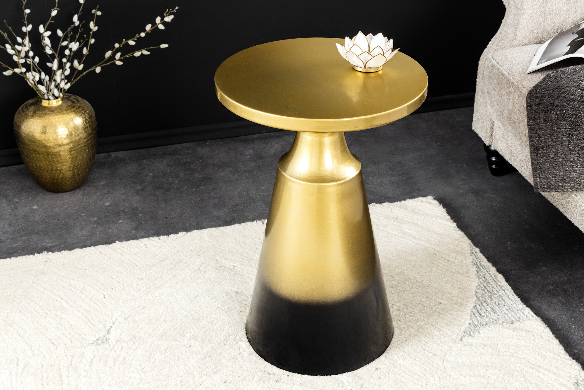 ABSTRACT mesa auxiliar de diseño 60cm metal patinado oro cepillado mesa redonda con pedestal hecha a mano