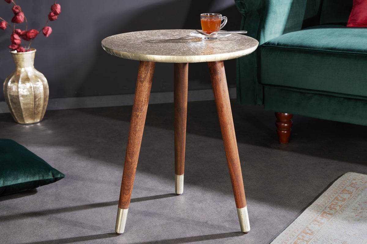 Table d’appoint design ALCAZAR 50cm métal argenté antique bois de manguier fait main ronde