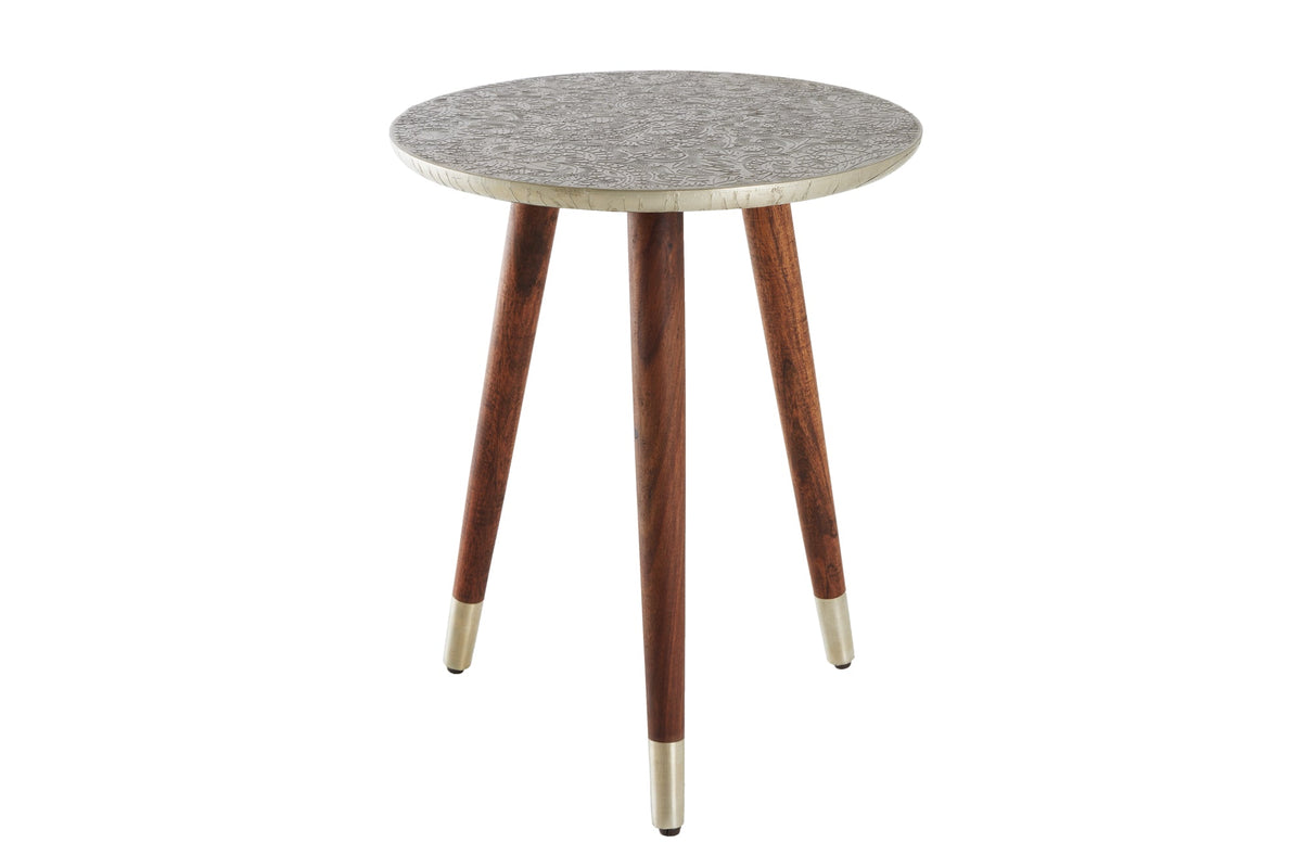 Table d’appoint design ALCAZAR 50cm métal argenté antique bois de manguier fait main ronde